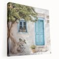 Side view of a large stretched canvas depicting a Greek door design in natural stone colors, suitable for kitchen wall art.