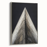 Framed canvas featuring a monochrome landscape painting with subtle vintage poster art influences.