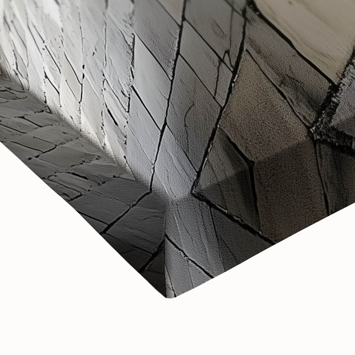 Large art black and white landscape painting on stretched canvas, depicting an architectural close-up.
