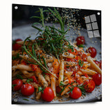 Large abstract wall art on acrylic glass featuring swirling blue and white patterns.