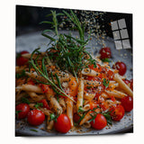 Large abstract wall art on acrylic glass featuring swirling blue and gray tones, ideal for bedroom or dining room decor.