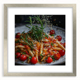 Textured abstract art print in muted gray and silver tones, framed in silver, ideal for modern bedroom ambiance.