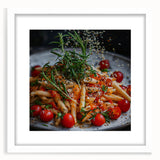 Abstract art print featuring swirling blue and white patterns, framed in white, suitable for dining room or bedroom decor.