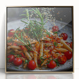 Large art print of mid-century modernist dishes in gold tones on acrylic, ideal for modern kitchen wall decor.