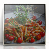 Mid-century modernist art featuring abstract dishes in silver and gray tones on a framed acrylic.