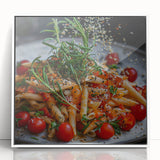 Art deco poster featuring a series of abstract dishes in black and white tones on a framed acrylic.