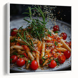 Vintage poster art of colorful dishes on a black background, framed canvas, ideal for living room decor.