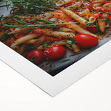 Art deco poster depicting vibrant dishes on a rolled canvas, suitable for dining room wall art.