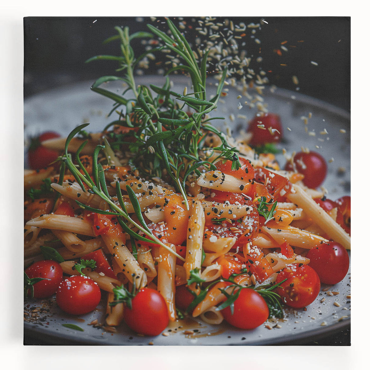 Large black and white canvas print of assorted dishes, suitable as kitchen wall art.