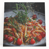 Black and white photo of stacked dishes on a large stretched canvas, ideal for kitchen wall art.