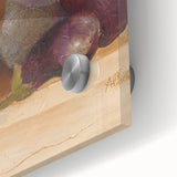 Large abstract wall art on acrylic glass, featuring mid-century modernist design in earth tones, ideal for dining room decor.