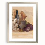 Textured art print of abstract food and drinks in muted earth tones on a framed silver mat, ideal for dining room decor.