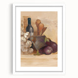 Abstract art print featuring swirling patterns in muted earth tones, framed with a white mat, suitable for dining room decor.