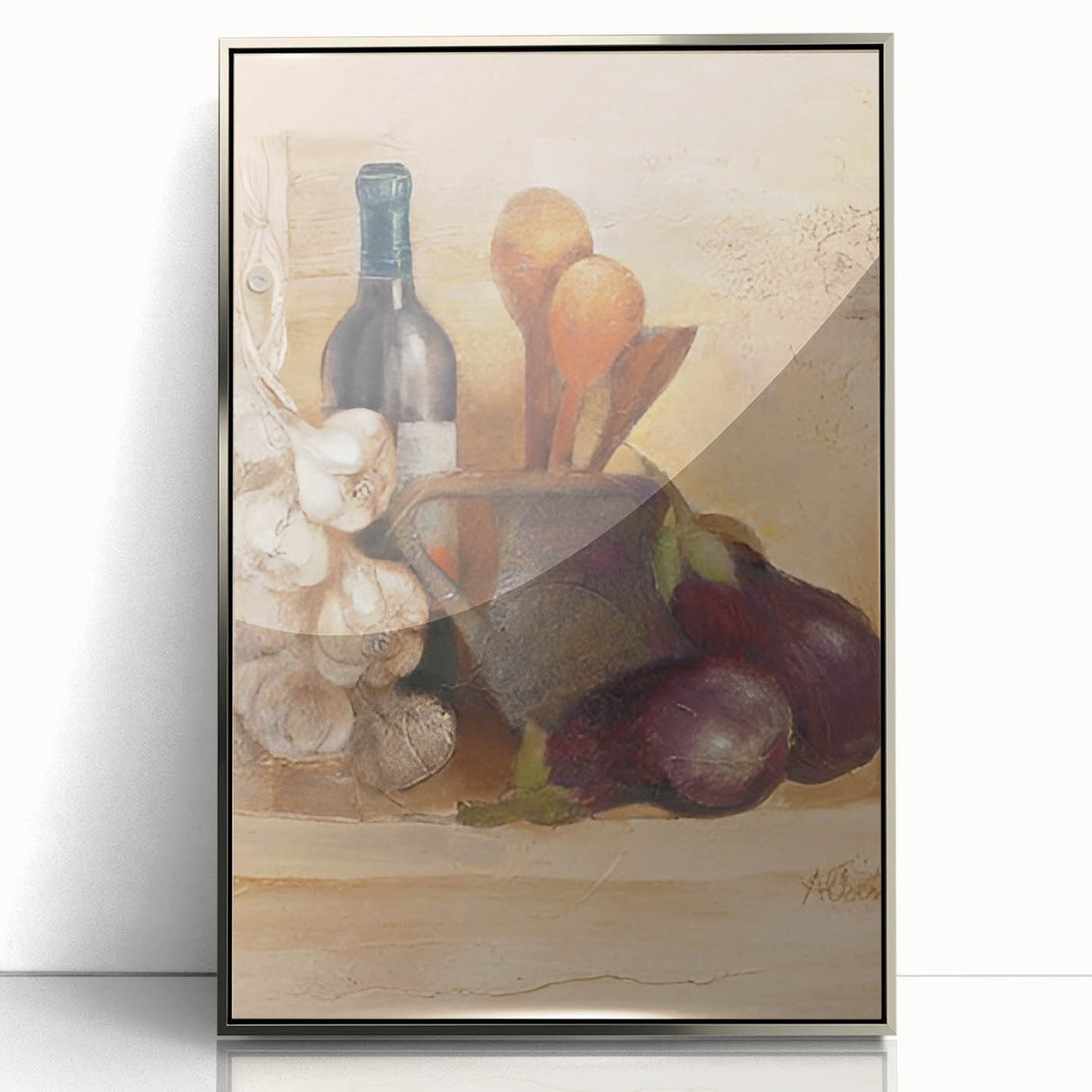 Large art print of food and drinks in mid-century modernist style, framed in silver acrylic, ideal for modern kitchen decor.