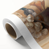 Art deco poster of food and drinks on rolled canvas, featuring pastel shades, ideal for nursery wall art or dining room.