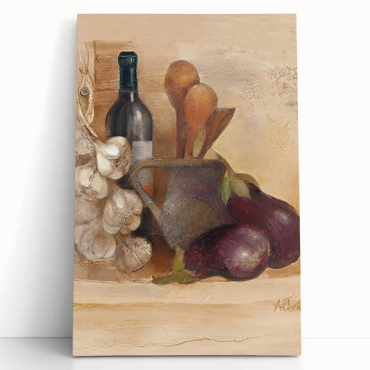 Large black and white stretched canvas featuring assorted kitchen utensils, ideal for kitchen wall art.