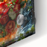 Large abstract wall art featuring assorted fruits in vibrant colors on acrylic glass, ideal for dining room decor.