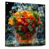 Large abstract wall art featuring assorted fruits in vibrant colors on acrylic glass, suitable for dining room decor.