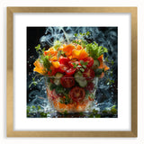 Extra large abstract art print featuring textured fruits in vibrant colors, framed in gold, ideal for living room decor.