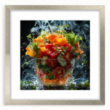 Textured art featuring abstract fruit designs in vibrant colors on a silver-framed mat, ideal for bedroom art.