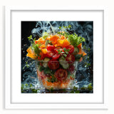Abstract art print of assorted fruits in vibrant colors on a white framed mat, suitable for dining room decor.