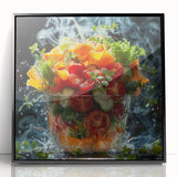 Large abstract wall art featuring assorted fruits in bold colors on a black acrylic framed print.