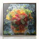 Mid-century modernist acrylic print featuring assorted fruits in vibrant colors, framed in gold.