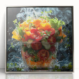 Mid-century modernist art featuring an array of fruits in bold colors, framed in silver acrylic, ideal for nursery wall art.