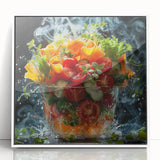 Art deco poster of assorted fruits in vibrant colors, framed acrylic, ideal for modern kitchen wall decor.