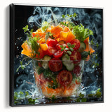 Black and white vintage poster art of fruits on framed canvas, ideal for bedroom wall decor.