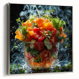 Landscape art painting featuring colorful fruits on a black background, framed in silver, ideal for kitchen decor.