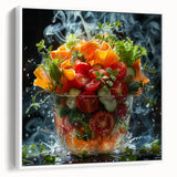 Vintage poster art depicting vibrant fruits on a black background, framed canvas, ideal for living room decor.