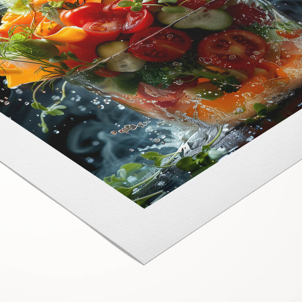 Art deco poster featuring an array of vibrant fruits on a rolled canvas, ideal for dining room wall art.