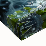 Large art of a black and white landscape painting featuring assorted fruits on a stretched canvas.