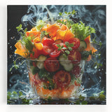 Black and white stretched canvas featuring assorted fruits, ideal for kitchen wall art.