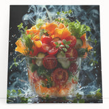 Black and white stretched canvas featuring an assortment of fruits, ideal for kitchen wall art.