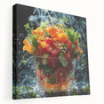 Large stretched canvas featuring an array of colorful fruits, ideal for kitchen wall art.