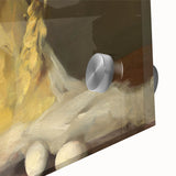 Mid-century modernist acrylic glass print of abstract pastries in warm hues, ideal for dining room art.