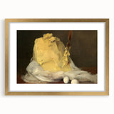 Extra large abstract art print of assorted pastries in muted earth tones on a textured canvas, framed in gold.