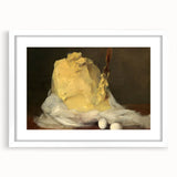 Abstract art print of assorted pastries in muted pastel tones on a white framed poster, suitable for dining room decor.
