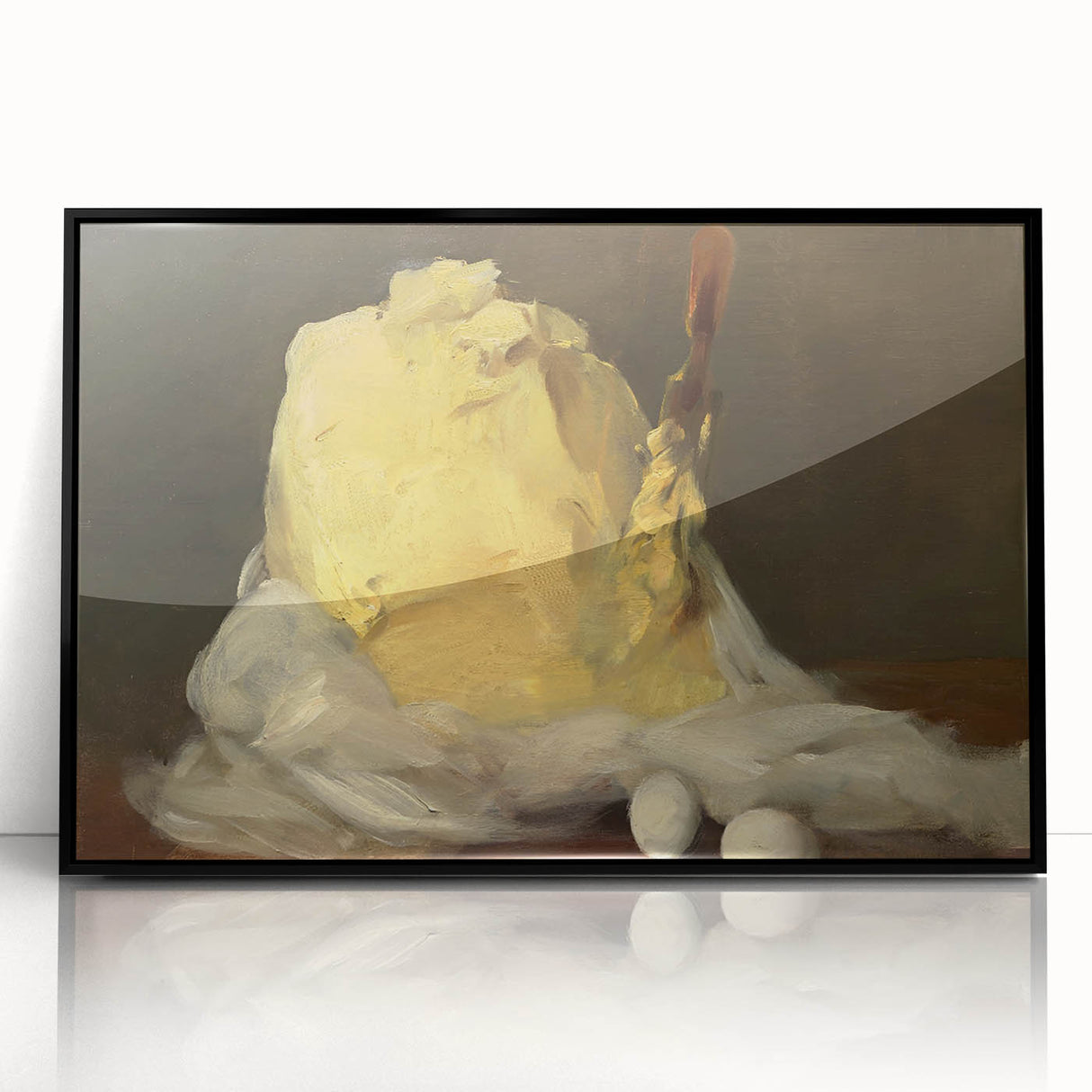 Large abstract wall art of assorted pastries in muted earth tones, framed in black acrylic.