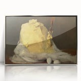 Mid-century modernist art depicting assorted pastries in soft pastel tones, framed in silver acrylic.