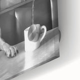 Large abstract wall art featuring people dining, in muted earth tones on acrylic glass, ideal for dining room art.