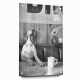 Large abstract wall art on acrylic glass depicting vibrant figures and food, suitable for dining room decor.