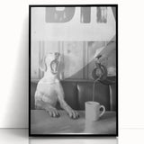 Large abstract wall art depicting food and people in mid-century modernist style, framed in black acrylic.