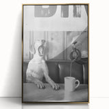 Large art print of a mid-century modernist food and people scene in muted earth tones, framed in gold acrylic.