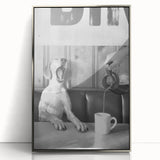 Mid-century modernist art depicting a family meal, in muted earth tones on a framed acrylic, ideal for dining room decor.