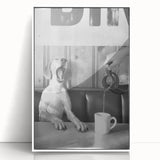 Art deco poster featuring stylized food and people in muted pastel colors, framed in white acrylic.