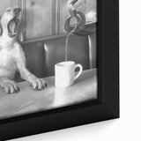 Close-up of black wall art featuring a textured depiction of colorful figures dining, on a framed canvas.