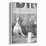 Vintage poster art of a crowded diner scene in colorful tones on a framed canvas, ideal for living room decor.